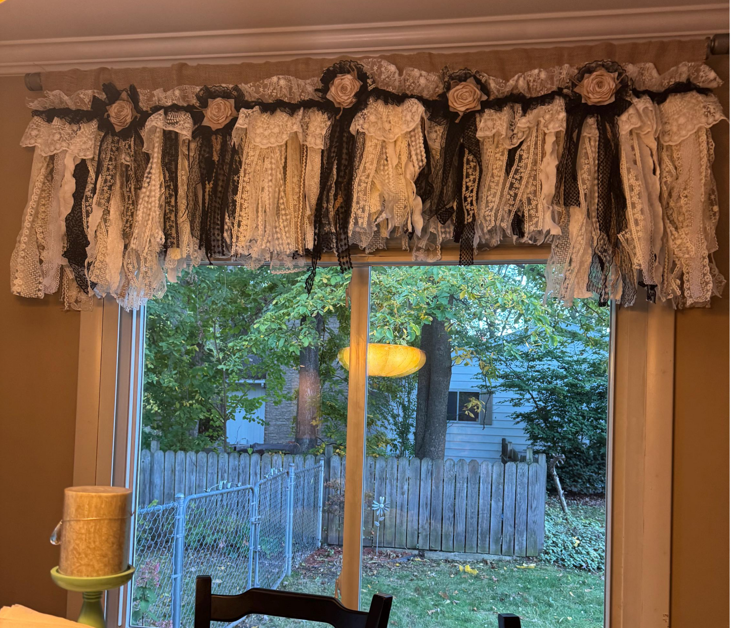 Rustic Unique Burlap Beige Black Lace Swag Window Curtains Valance