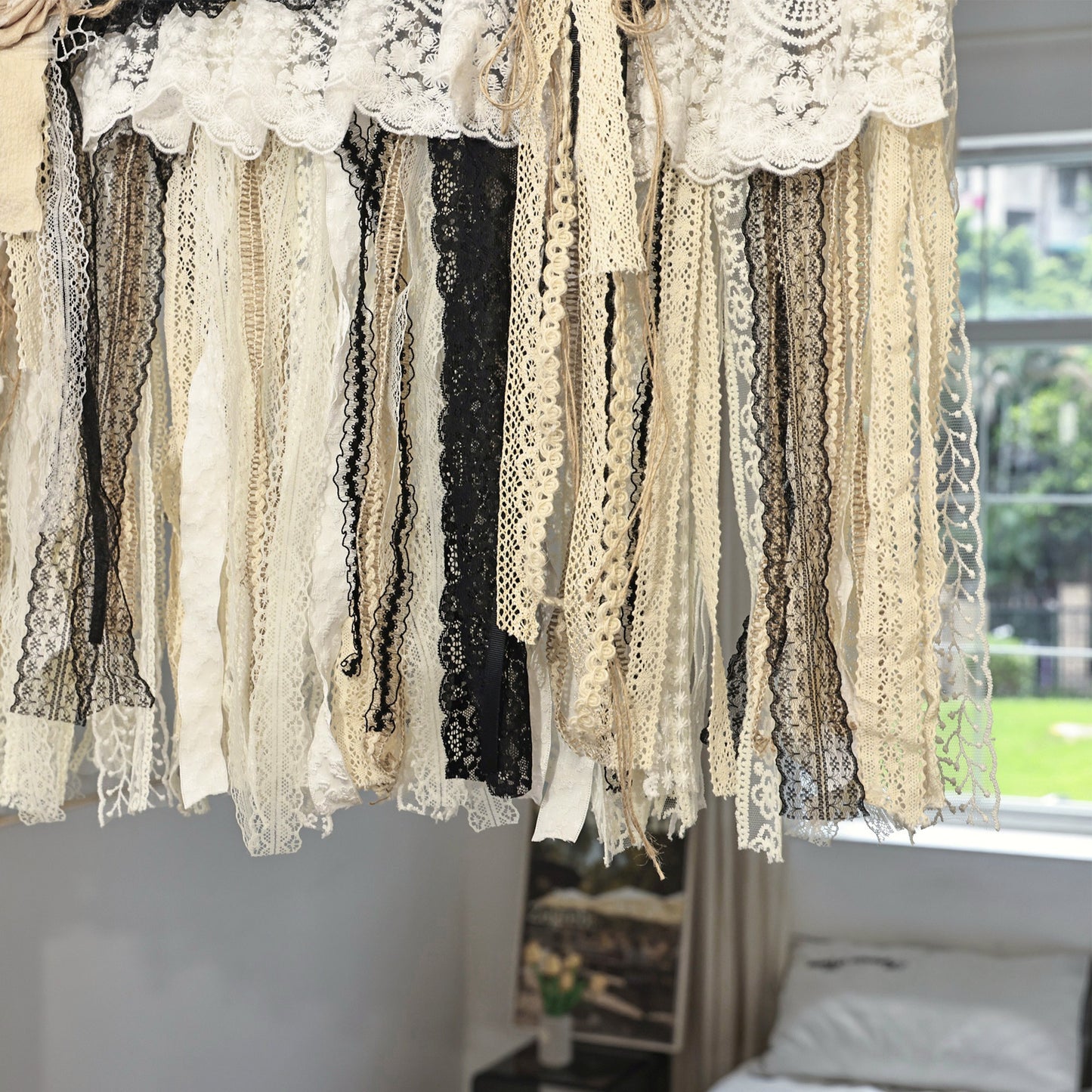 Rustic Unique Burlap Beige Black Lace Swag Window Curtains Valance