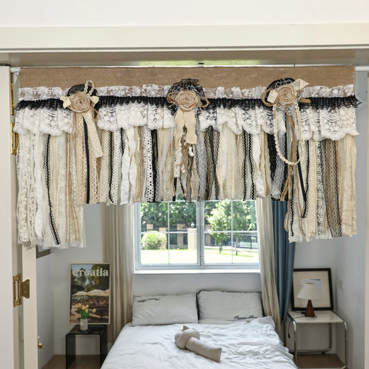 Rustic Unique Burlap Beige Black Lace Swag Window Curtains Valance