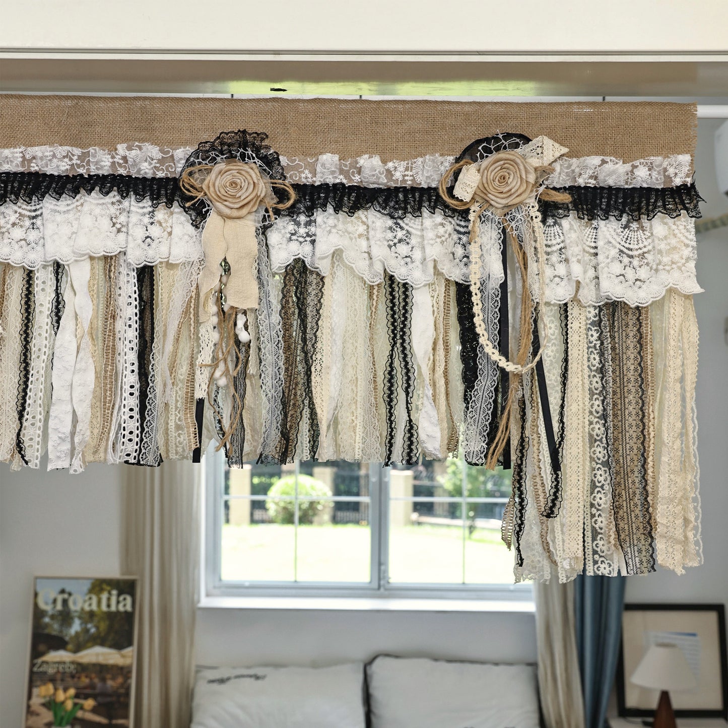 Rustic Unique Burlap Beige Black Lace Swag Window Curtains Valance