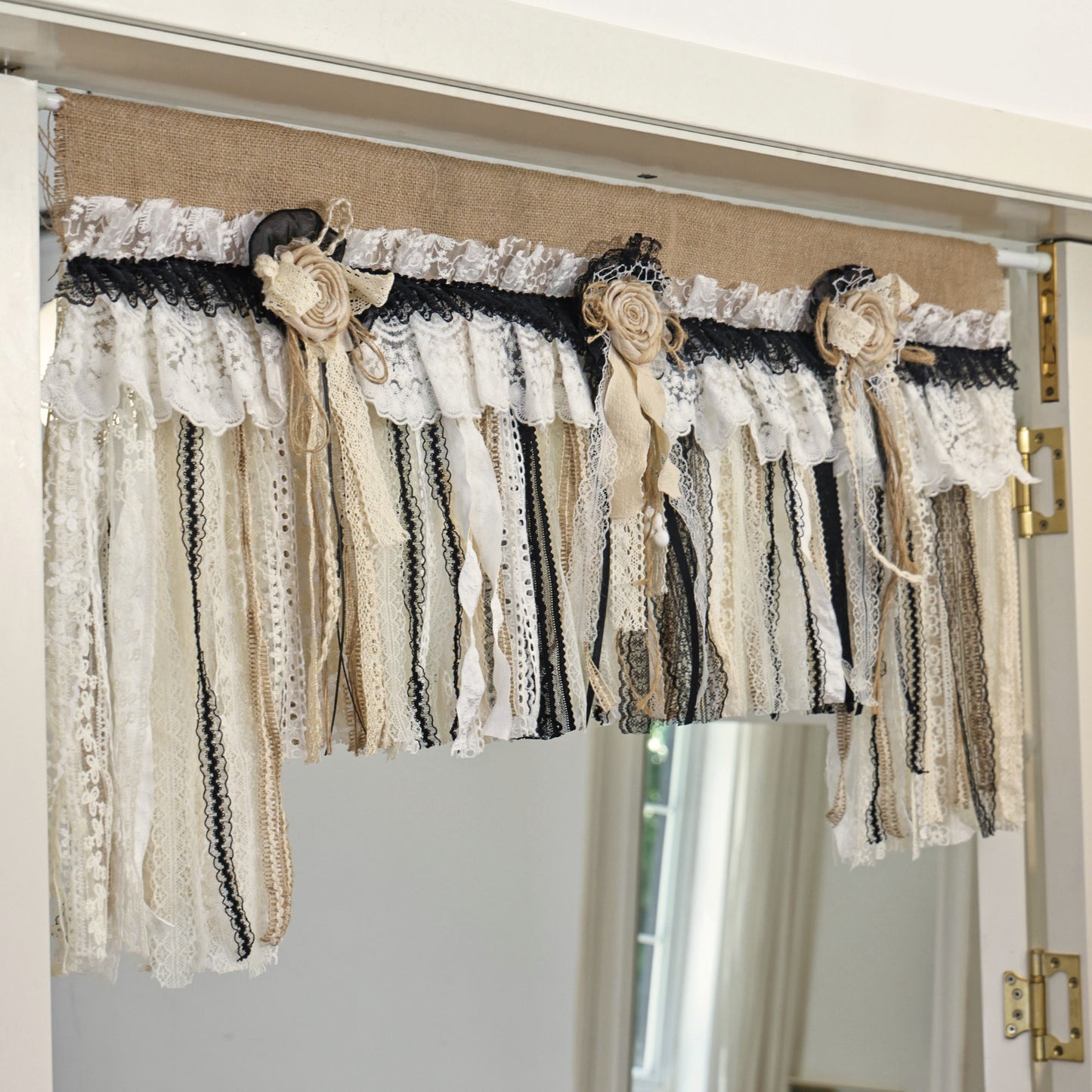 Rustic Unique Burlap Beige Black Lace Swag Window Curtains Valance