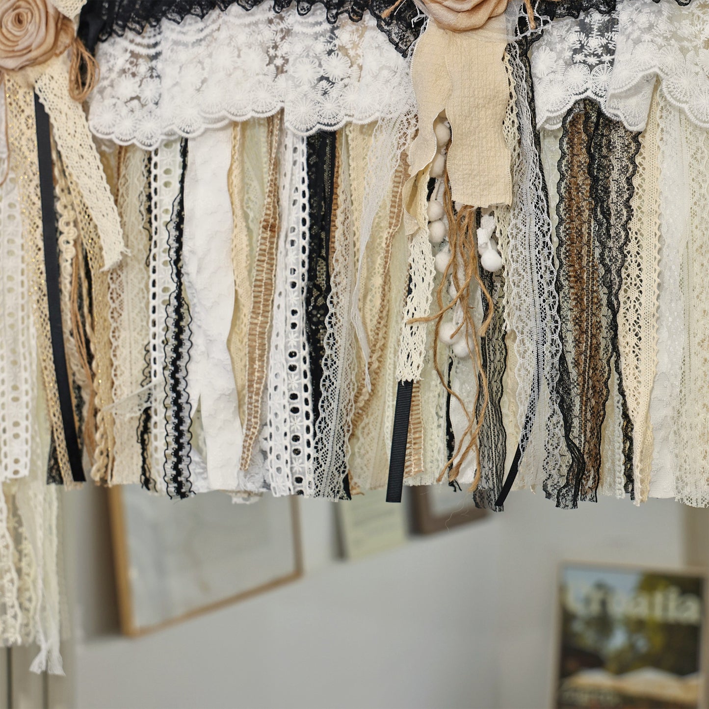 Rustic Unique Burlap Beige Black Lace Swag Window Curtains Valance