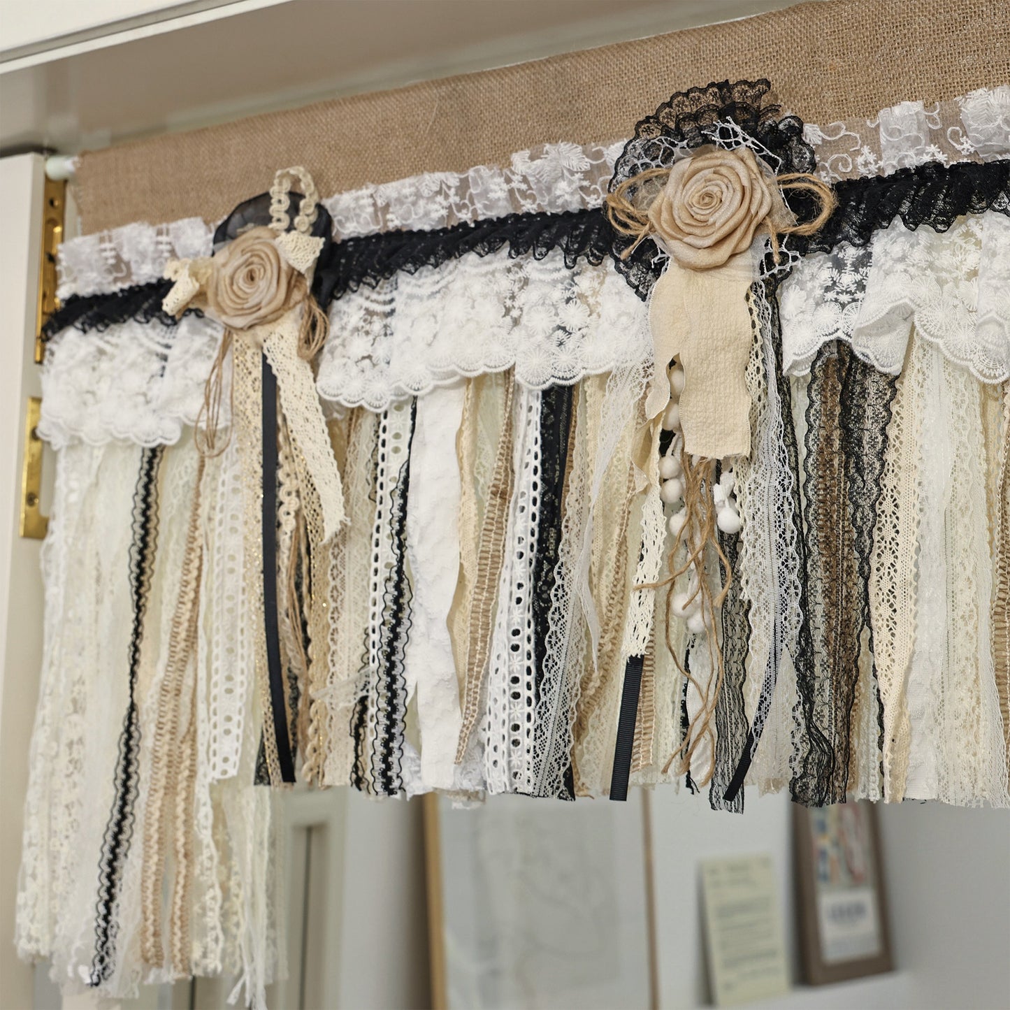 Rustic Unique Burlap Beige Black Lace Swag Window Curtains Valance