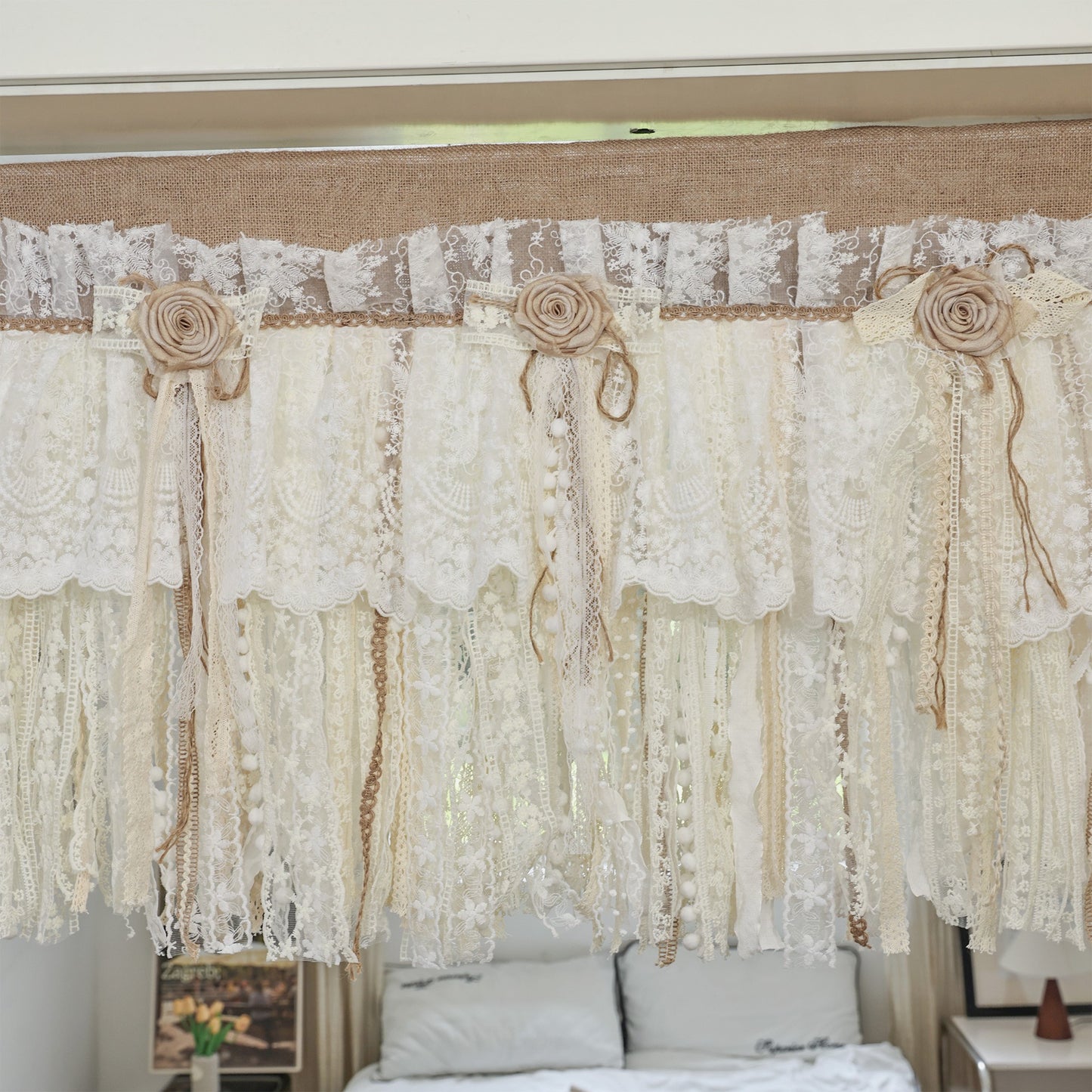 Rustic Unique Burlap Beige ivory Lace Bedroom Window Curtains Valance
