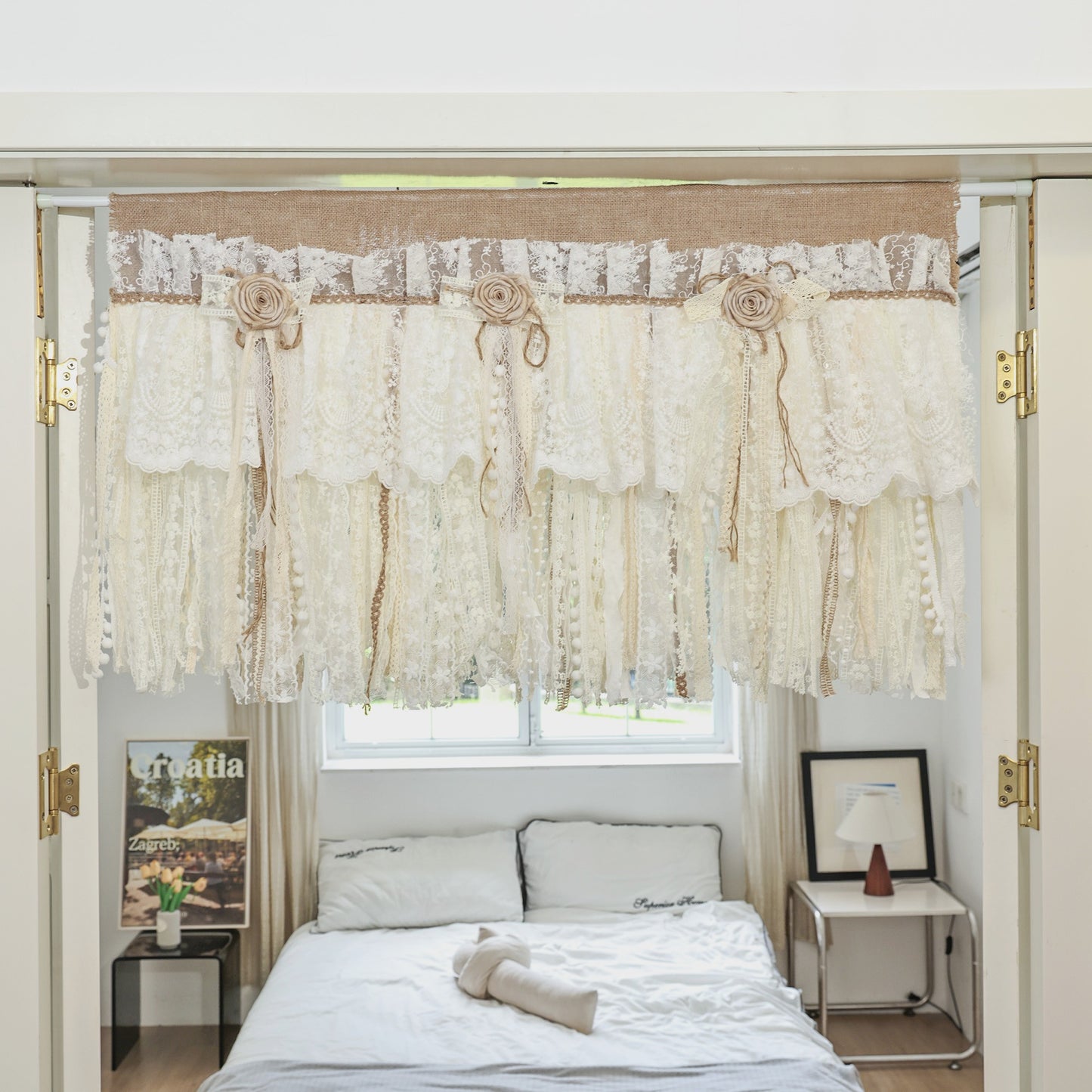 Rustic Unique Burlap Beige ivory Lace Bedroom Window Curtains Valance