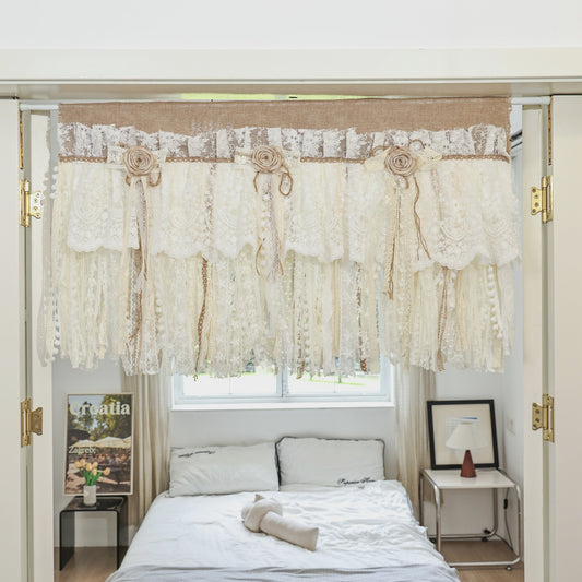 Rustic Unique Burlap Beige ivory Lace Bedroom Window Curtains Valance