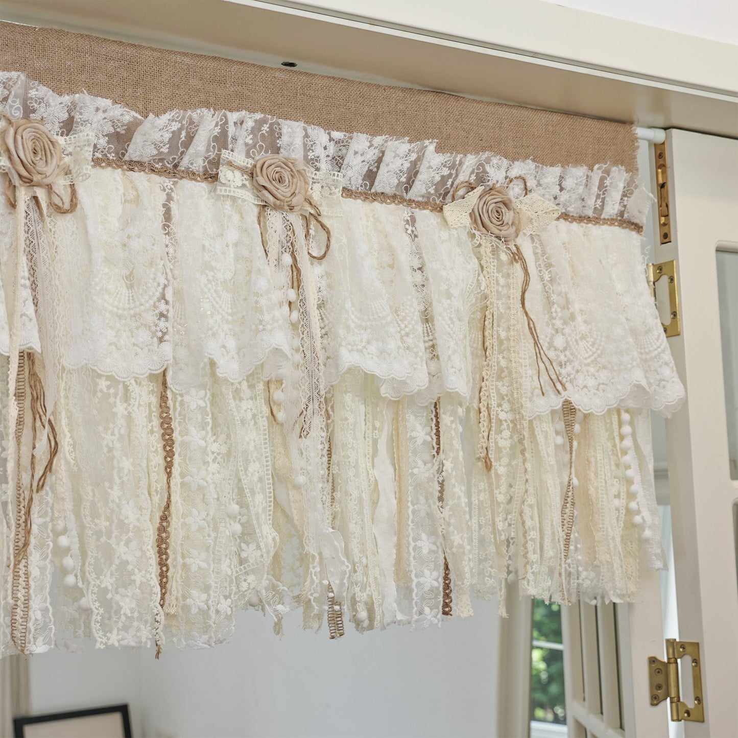 Rustic Unique Burlap Beige ivory Lace Bedroom Window Curtains Valance