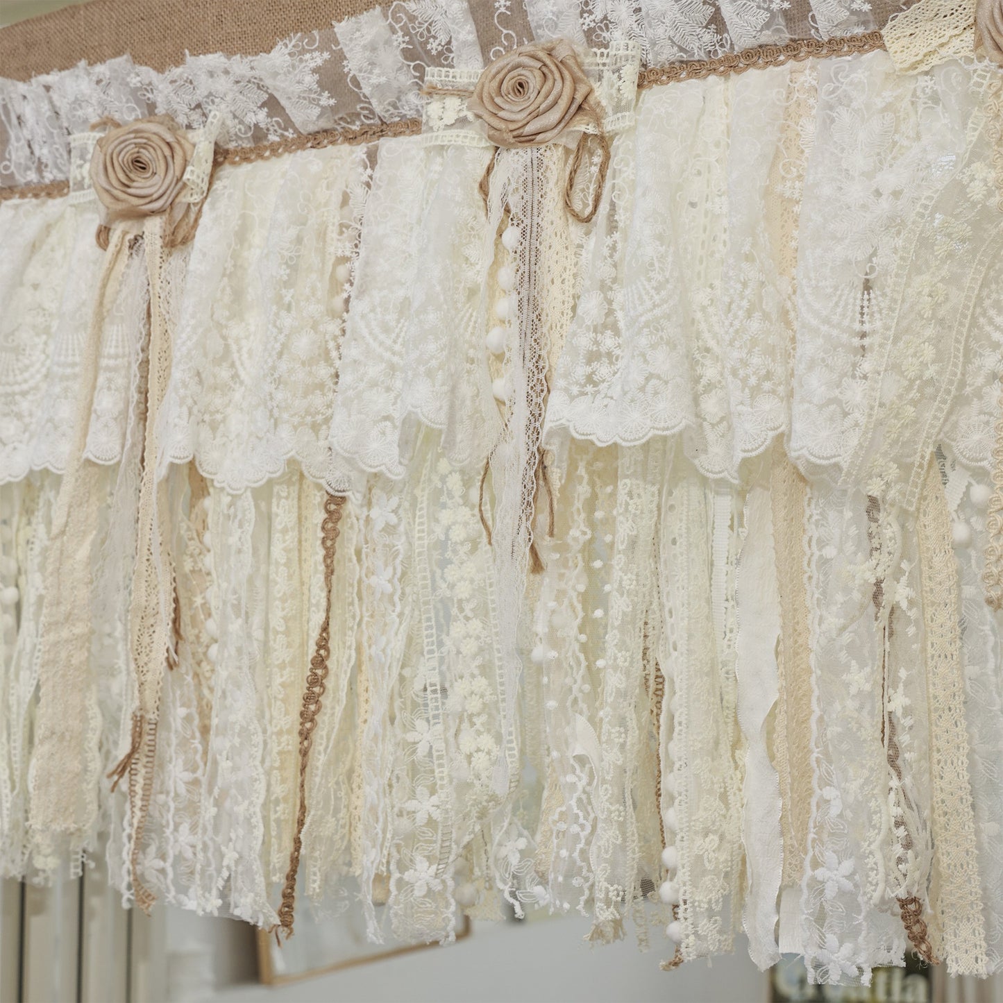Rustic Unique Burlap Beige ivory Lace Bedroom Window Curtains Valance