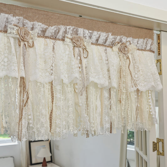 Rustic Unique Burlap Beige ivory Lace Bedroom Window Curtains Valance