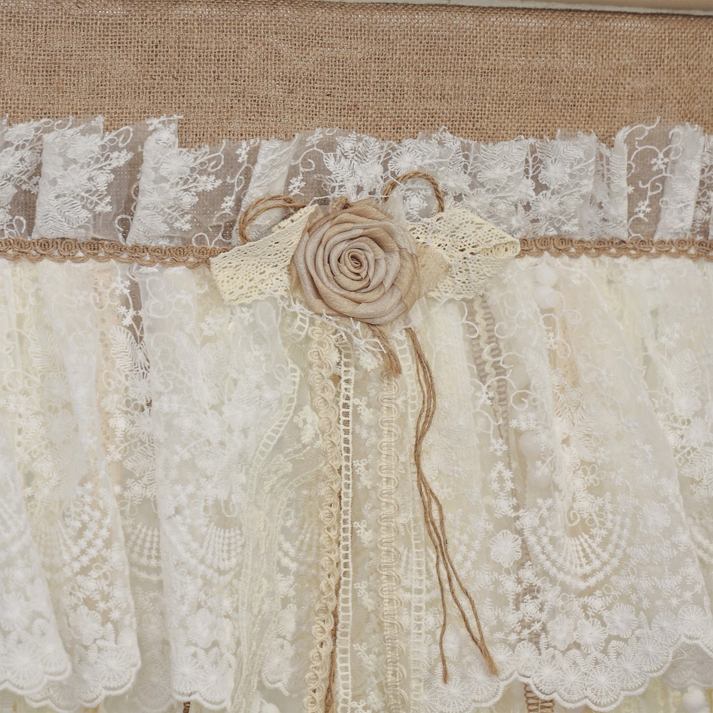 Rustic Unique Burlap Beige ivory Lace Bedroom Window Curtains Valance