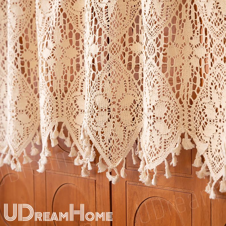 Beige Lace Crochet Hollow Stripes Short Curtains - UDreamHome