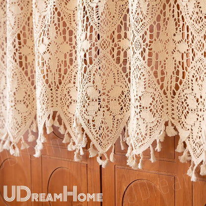 Beige Lace Crochet Hollow Stripes Short Curtains - UDreamHome