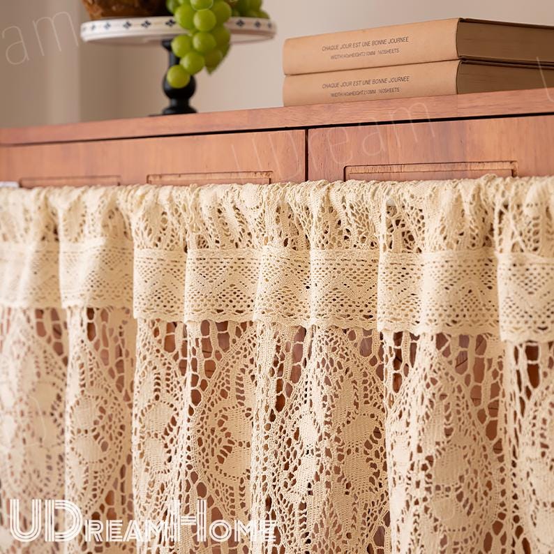 Beige Lace Crochet Hollow Stripes Short Curtains - UDreamHome