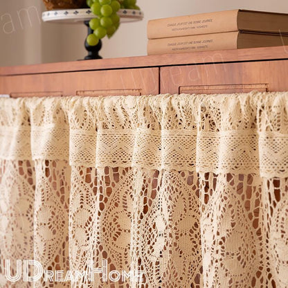 Beige Lace Crochet Hollow Stripes Short Curtains - UDreamHome