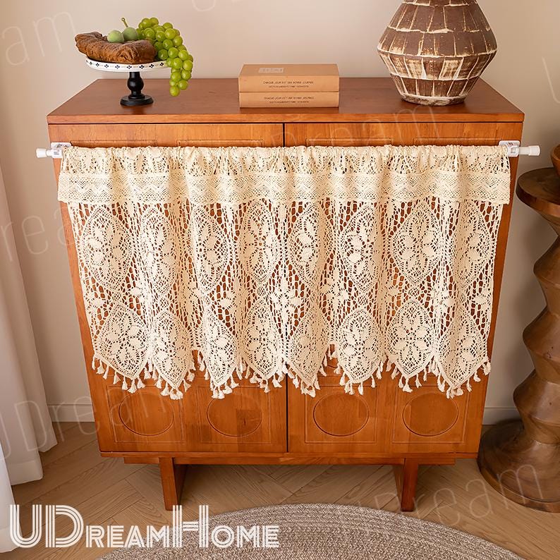 Beige Lace Crochet Hollow Stripes Short Curtains - UDreamHome