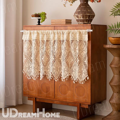 Beige Lace Crochet Hollow Stripes Short Curtains - UDreamHome