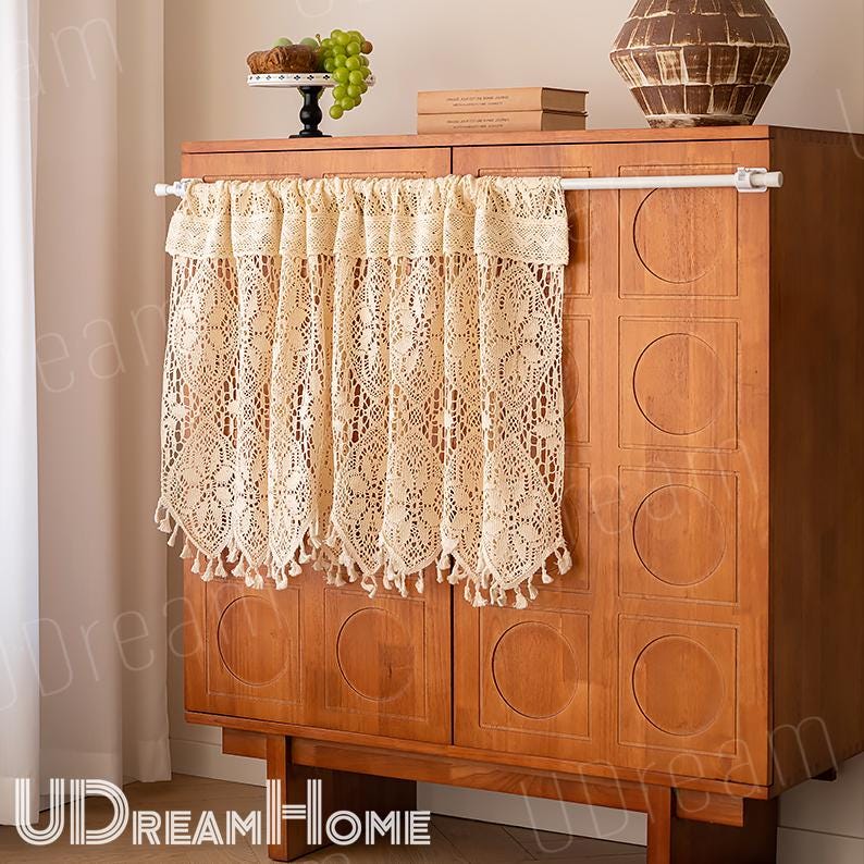 Beige Lace Crochet Hollow Stripes Short Curtains - UDreamHome