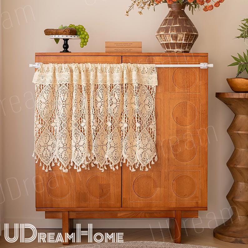 Beige Lace Crochet Hollow Stripes Short Curtains - UDreamHome
