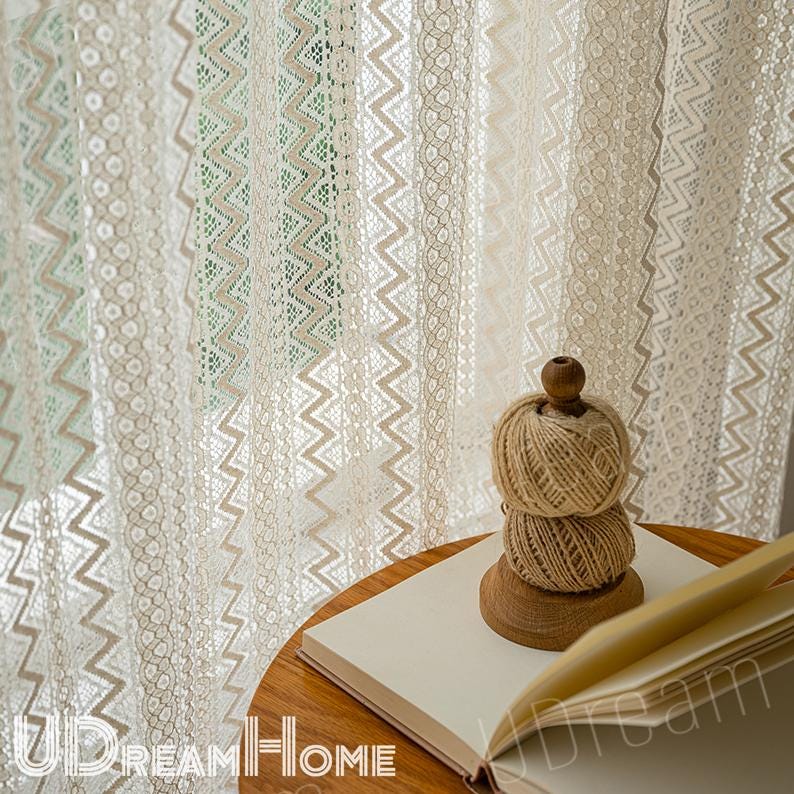 Beige Lace Curtains, Romantic Hollow Flower Stripes Curtains - UDreamHome