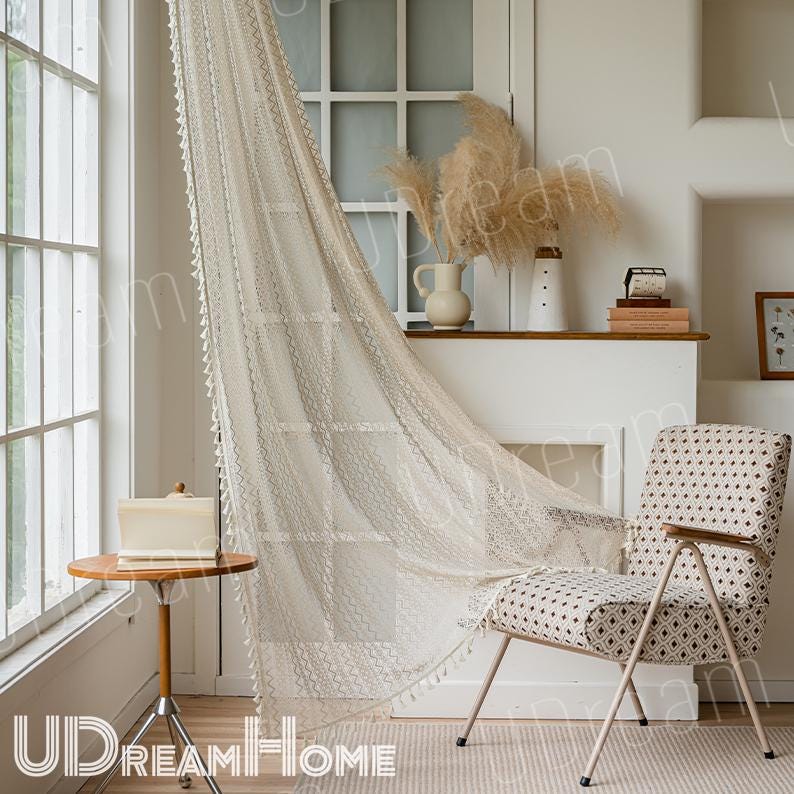 Beige Lace Curtains, Romantic Hollow Flower Stripes Curtains - UDreamHome