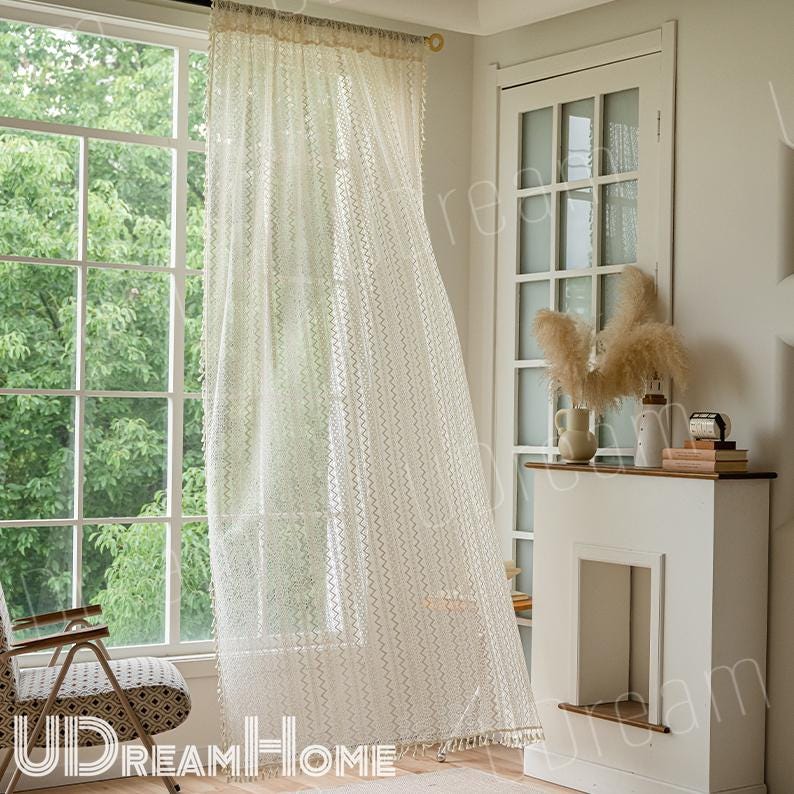Beige Lace Curtains, Romantic Hollow Flower Stripes Curtains - UDreamHome