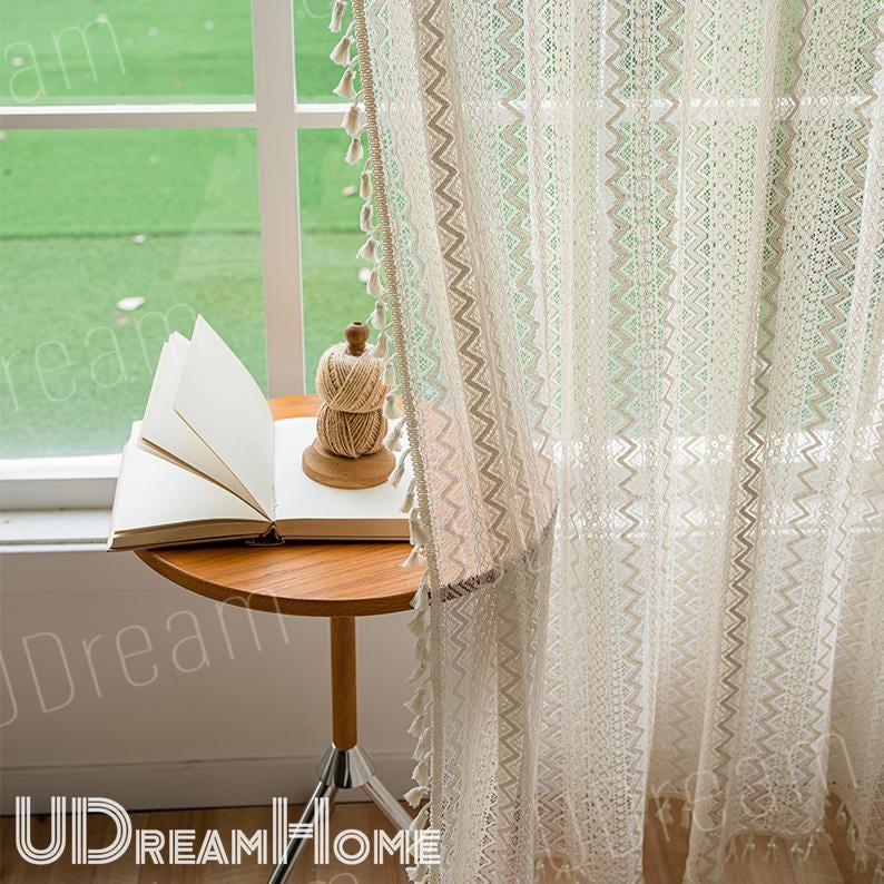 Beige Lace Curtains, Romantic Hollow Flower Stripes Curtains - UDreamHome
