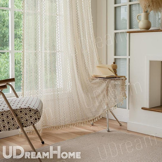 Beige Lace Curtains, Romantic Hollow Flower Stripes Curtains - UDreamHome