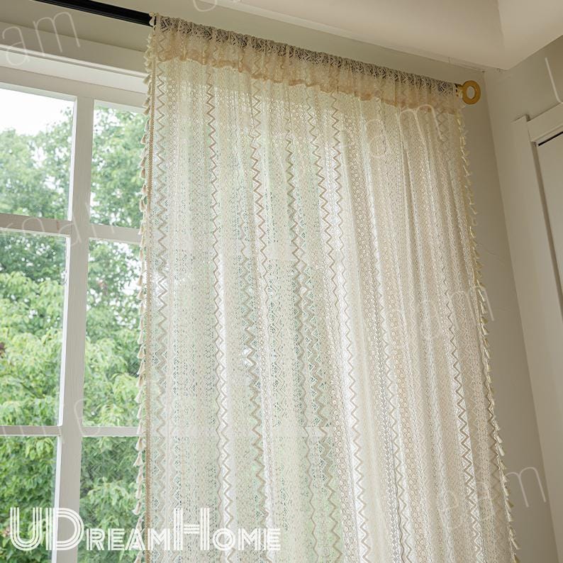 Beige Lace Curtains, Romantic Hollow Flower Stripes Curtains - UDreamHome