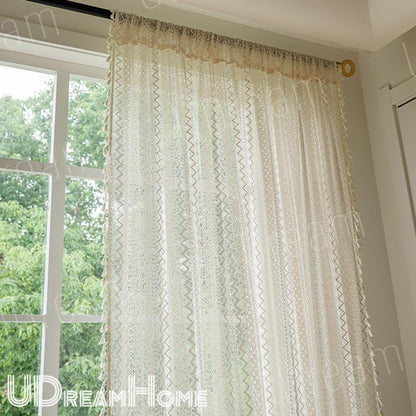 Beige Lace Curtains, Romantic Hollow Flower Stripes Curtains - UDreamHome