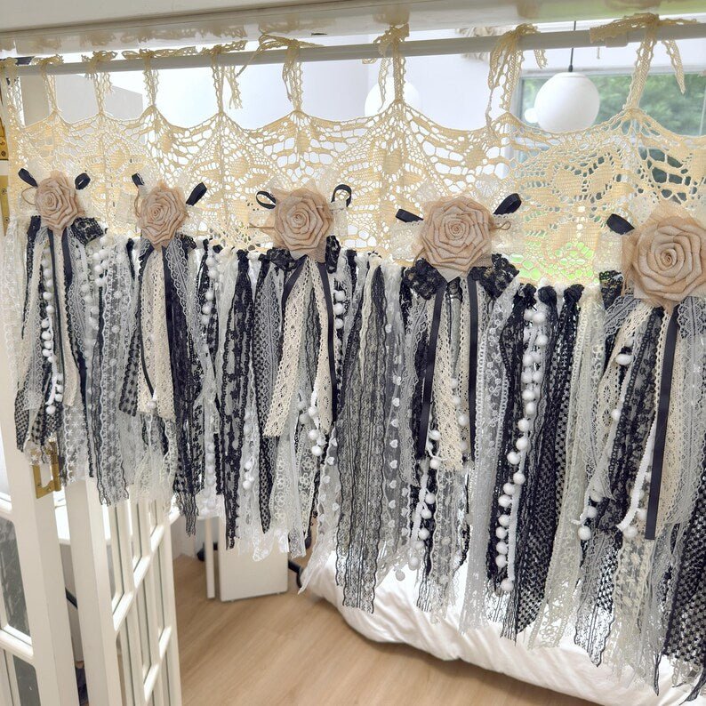 Beige White Black Crochet Lace Cafe Curtain Panel - UDreamHome