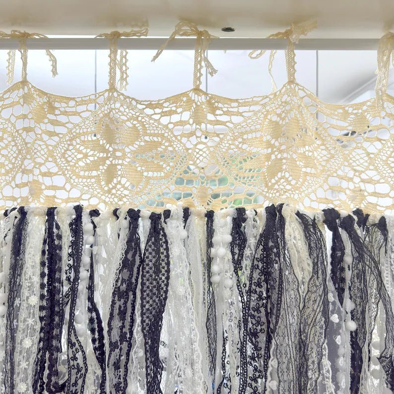 Beige White Black Crochet Lace Cafe Curtain Panel - UDreamHome