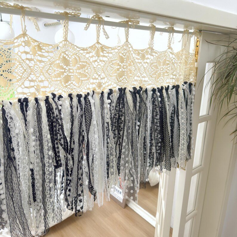 Beige White Black Crochet Lace Cafe Curtain Panel - UDreamHome
