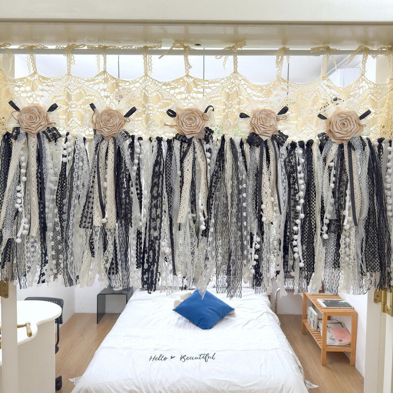 Beige White Black Crochet Lace Cafe Curtain Panel - UDreamHome