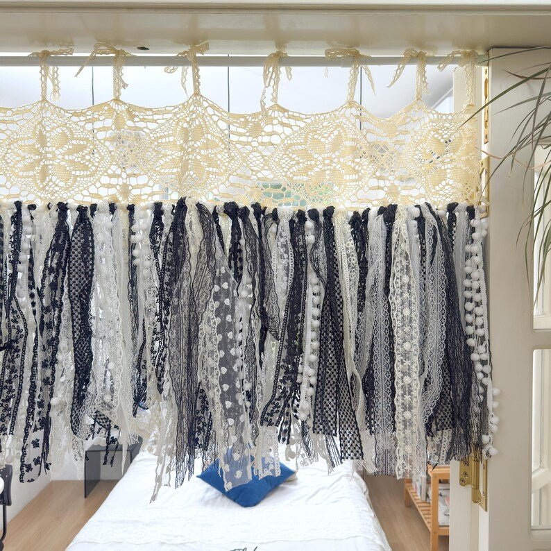 Beige White Black Crochet Lace Cafe Curtain Panel - UDreamHome