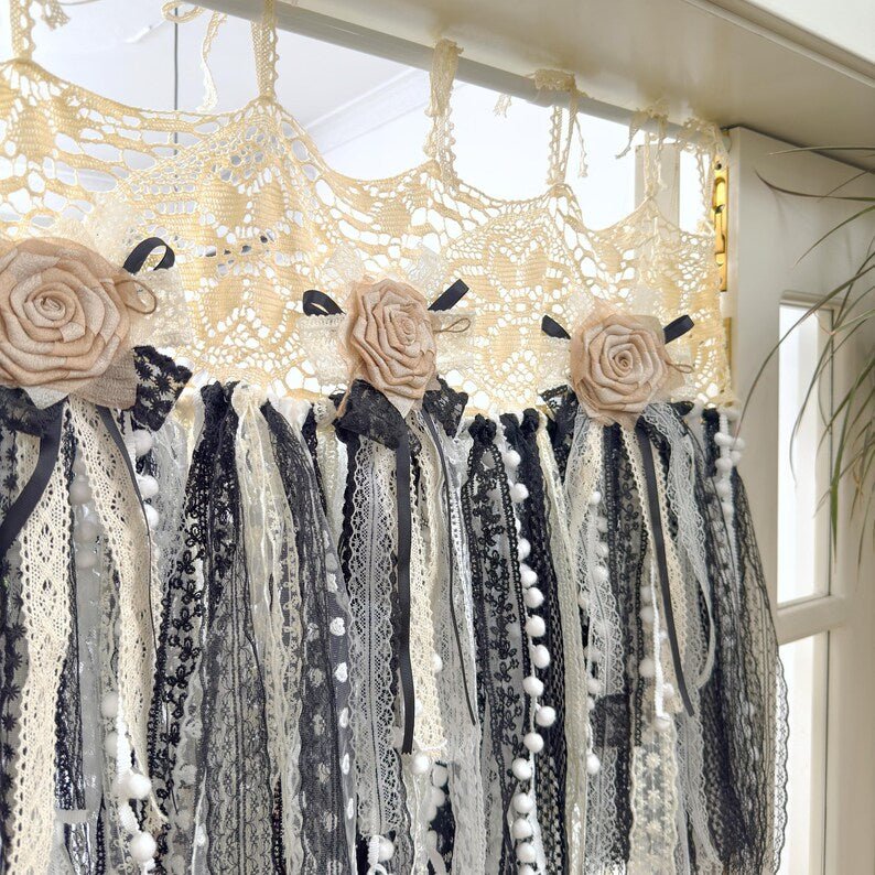 Beige White Black Crochet Lace Cafe Curtain Panel - UDreamHome