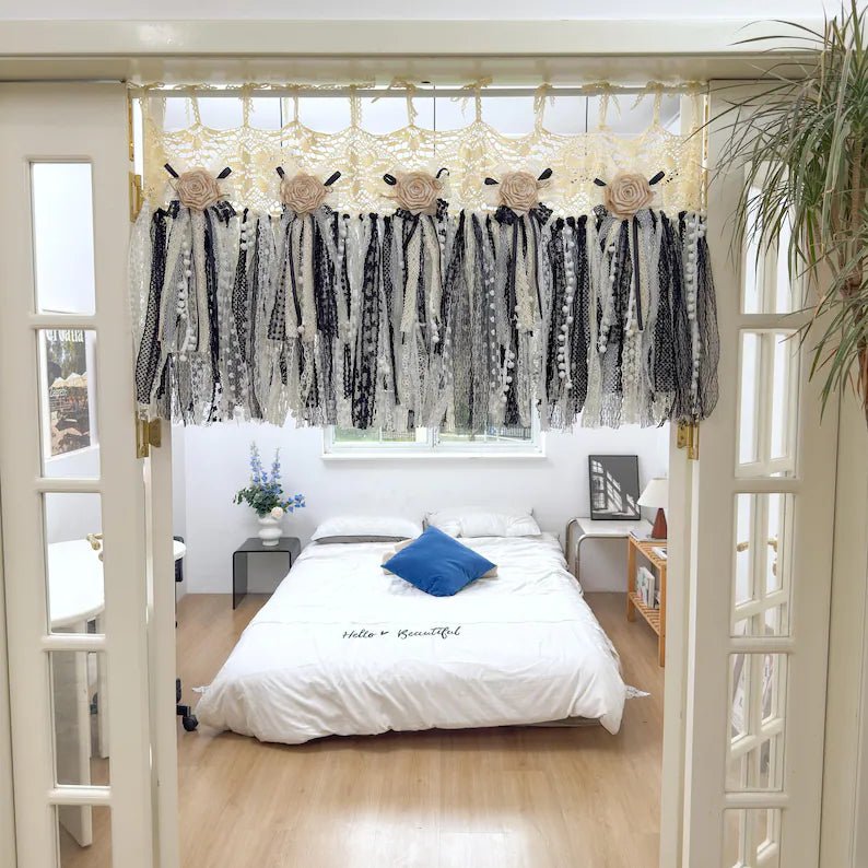 Beige White Black Crochet Lace Cafe Curtain Panel - UDreamHome