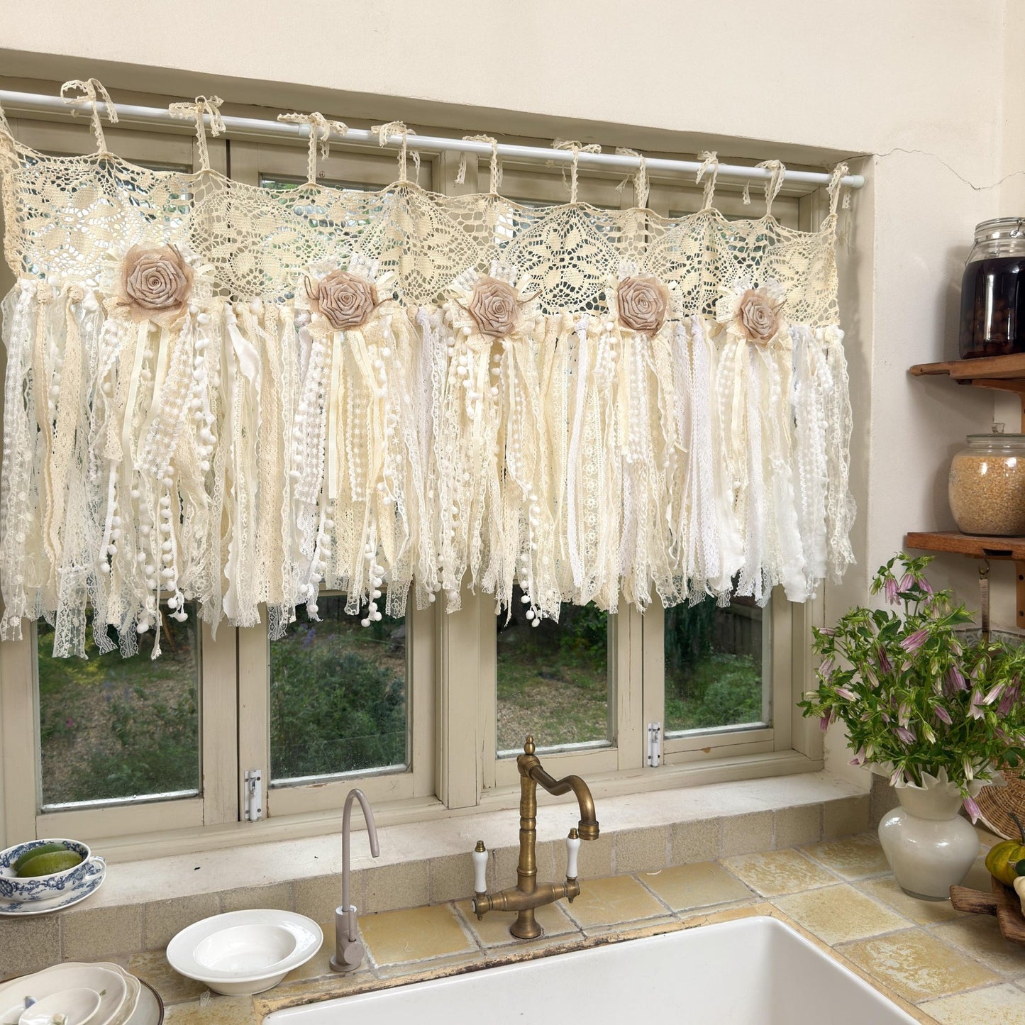 Beige White Crochet Lace Cafe Curtain - UDreamHome