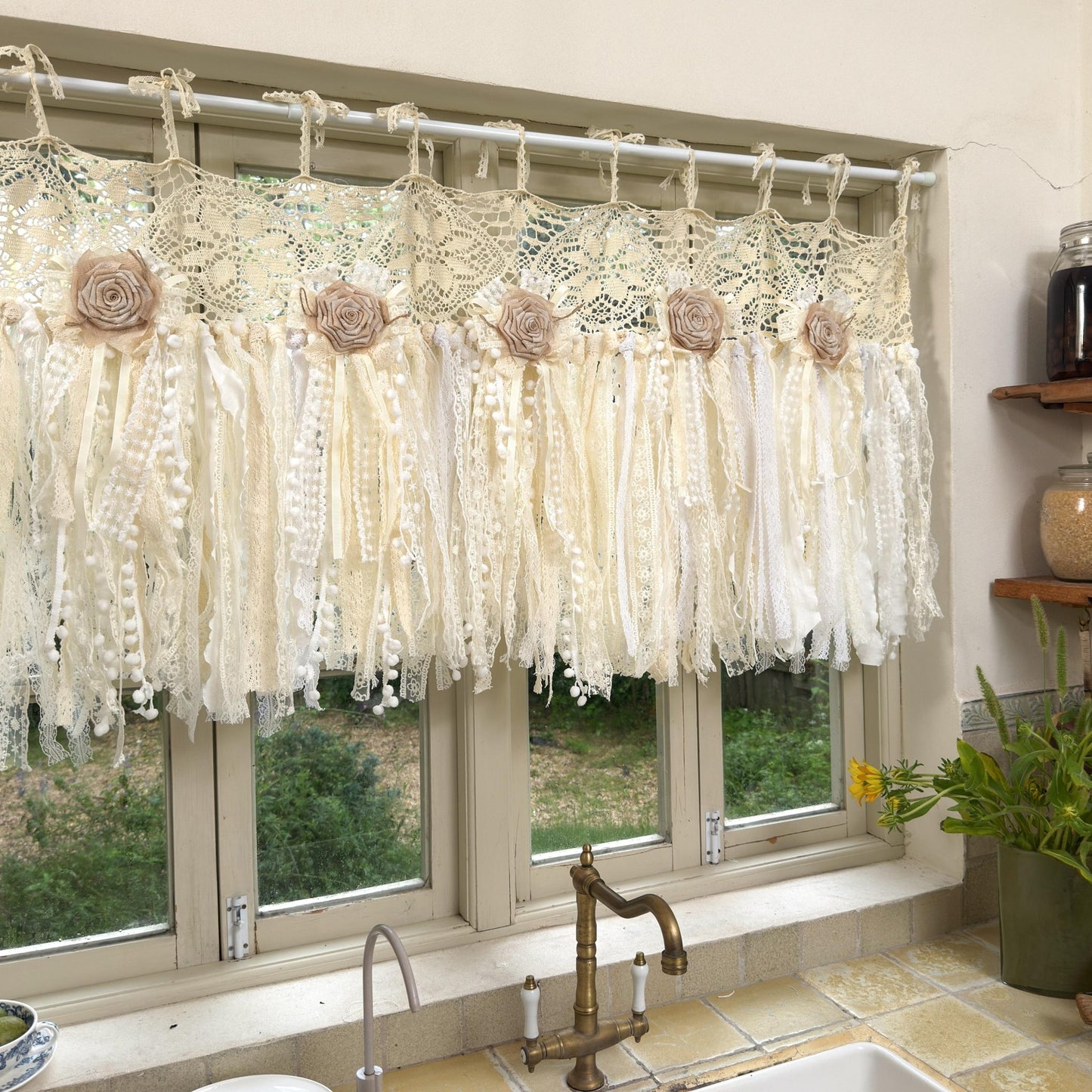 Beige White Crochet Lace Cafe Curtain - UDreamHome