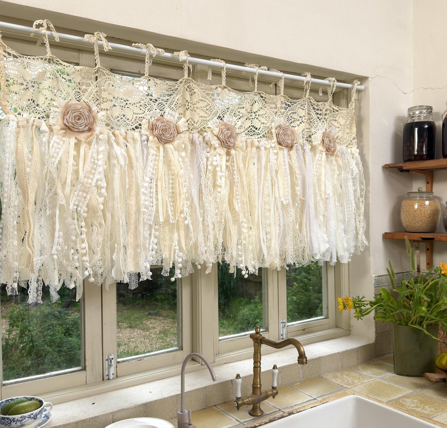 Beige White Crochet Lace Cafe Curtain - UDreamHome