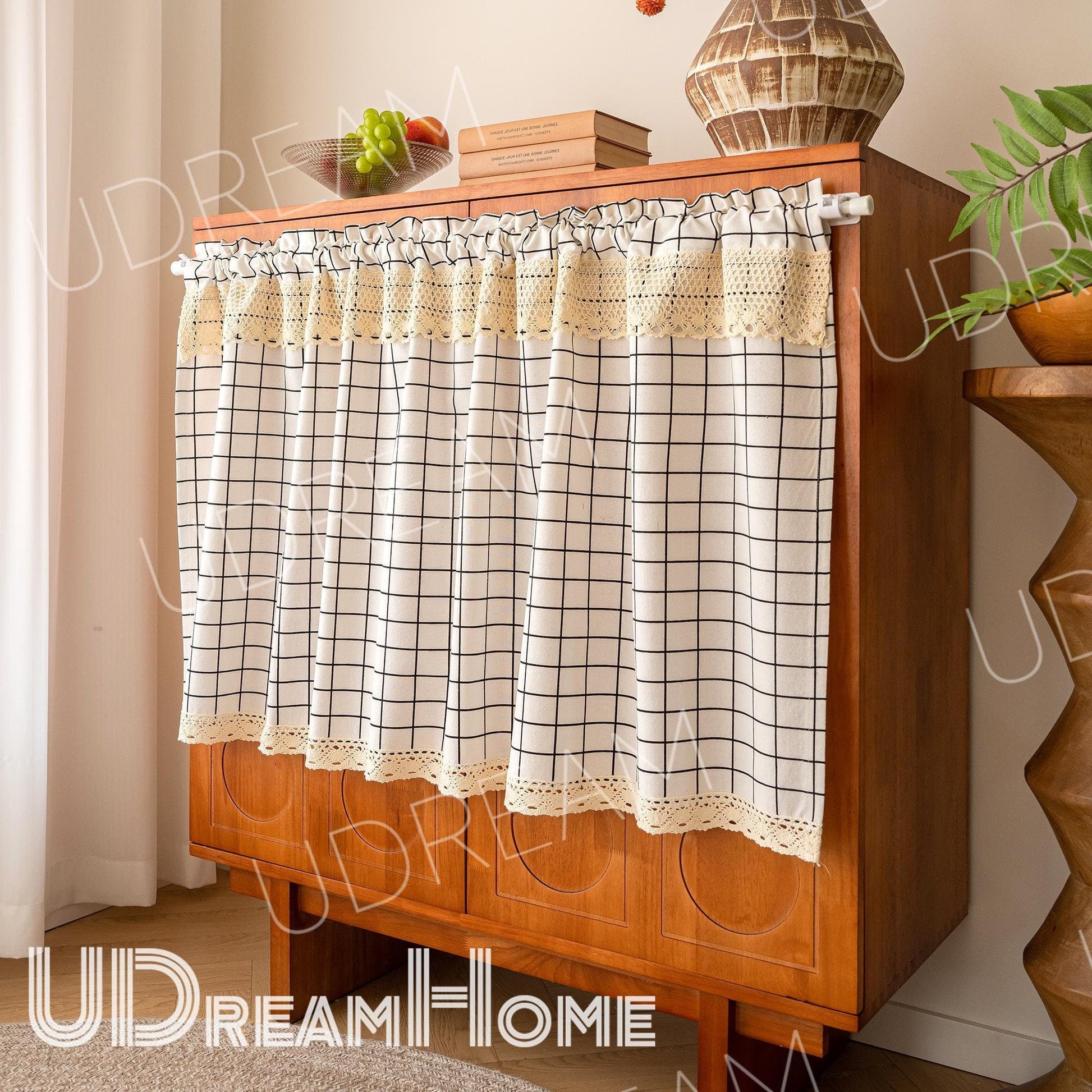 Black and White Plaid Lace Cafe Curtain - UDreamHome