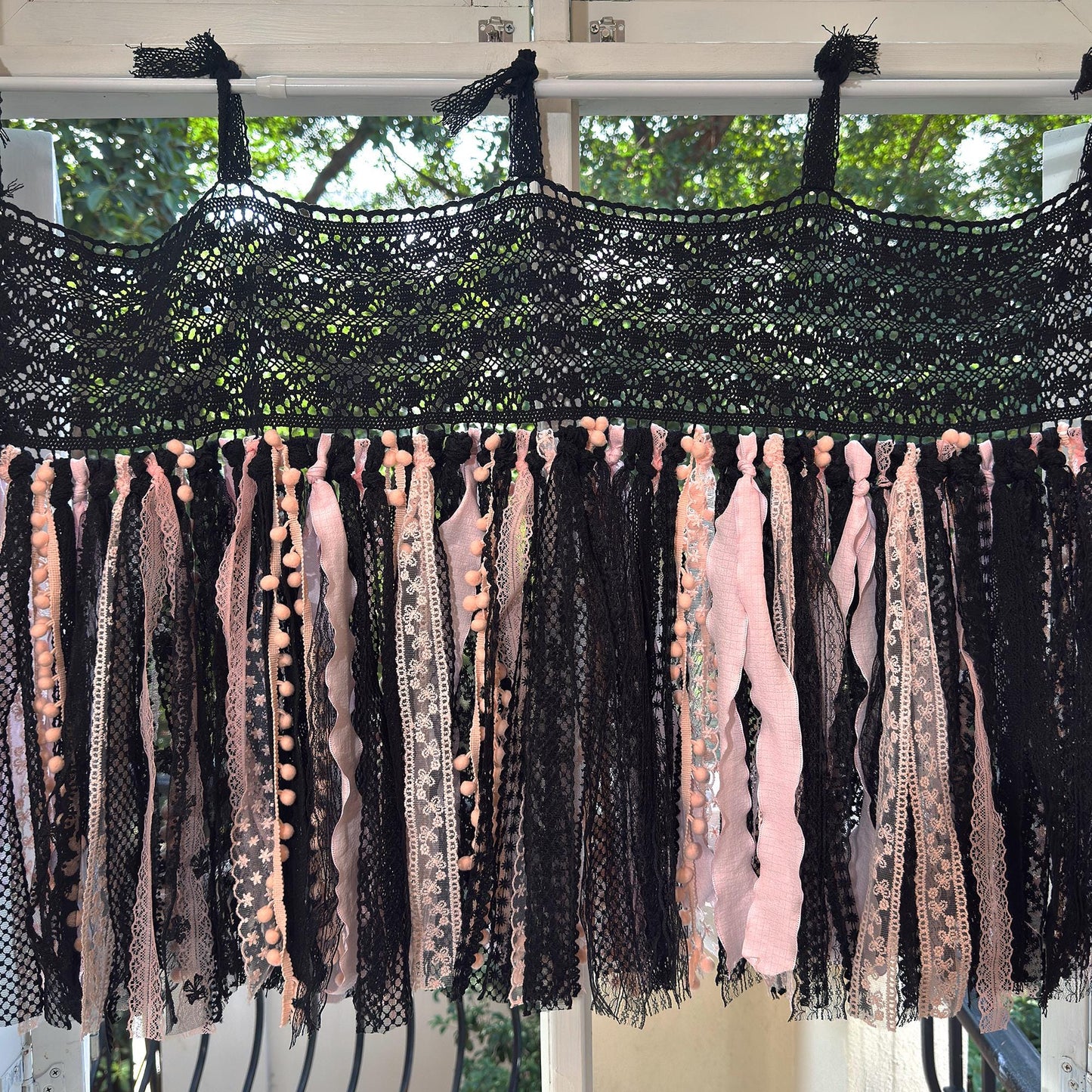 Black & Pink Gothic Boho Tie - Top Window Privacy Curtain - UDreamHome