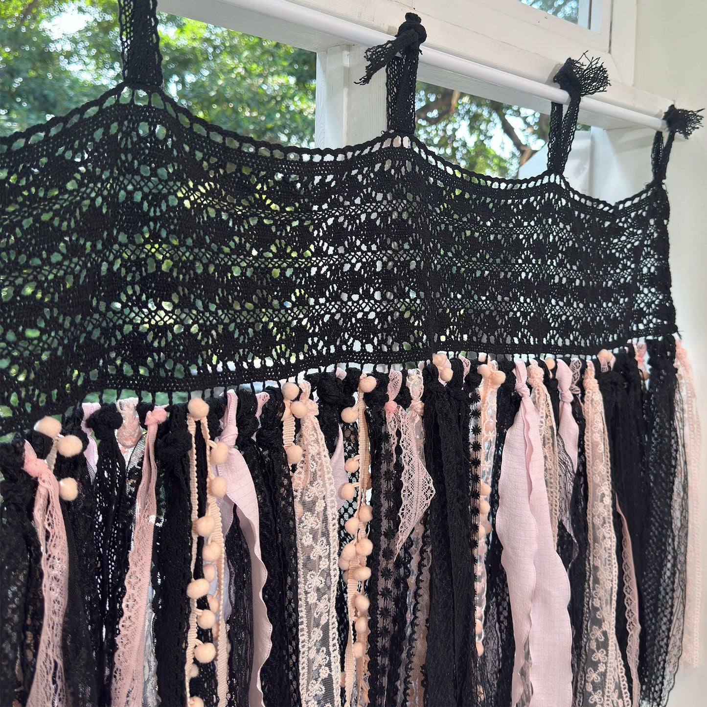 Black & Pink Gothic Boho Tie - Top Window Privacy Curtain - UDreamHome