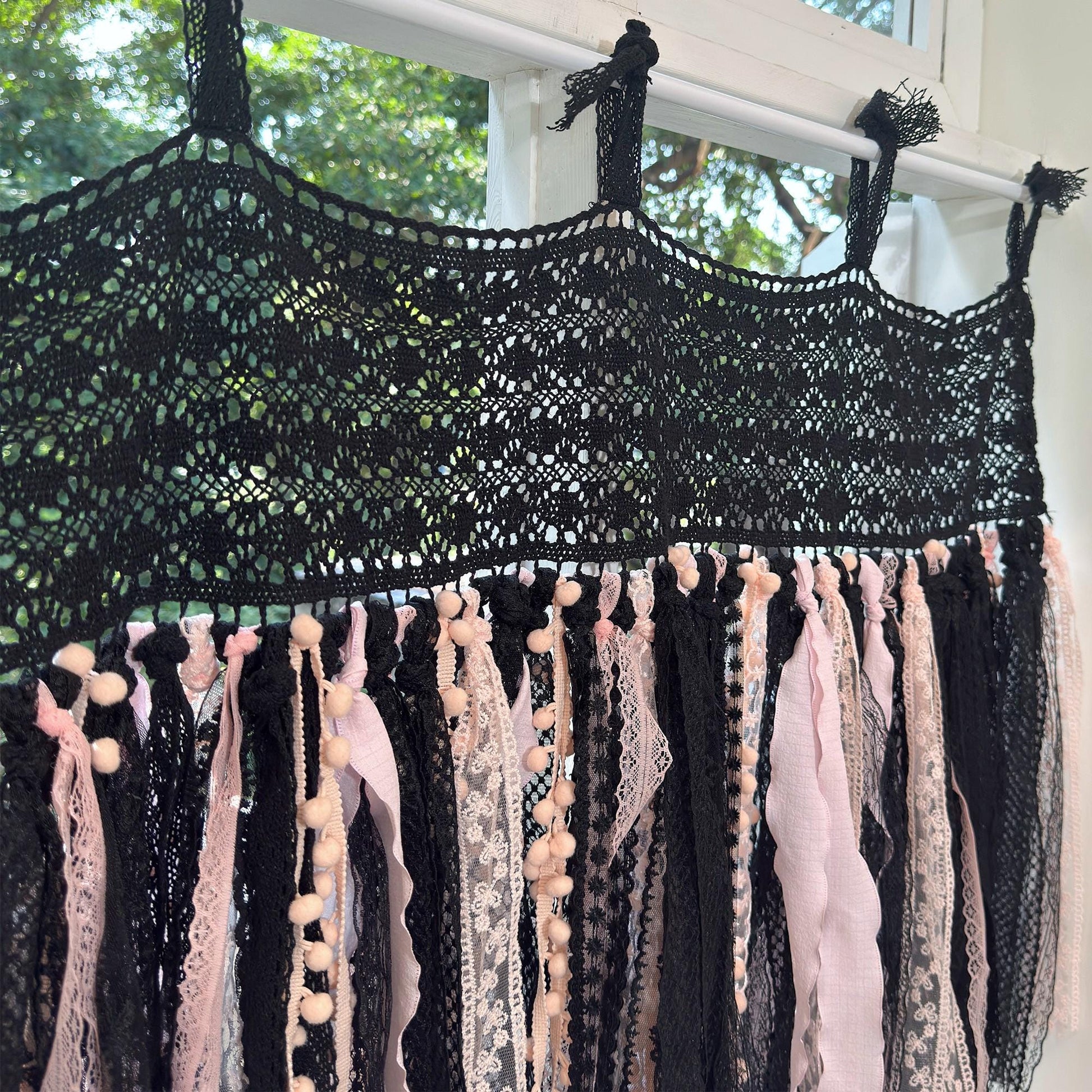 Black & Pink Gothic Boho Tie - Top Window Privacy Curtain - UDreamHome