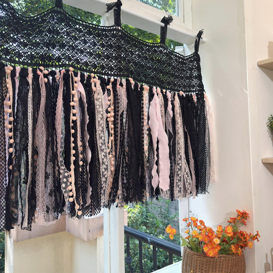 Black & Pink Gothic Boho Tie - Top Window Privacy Curtain - UDreamHome