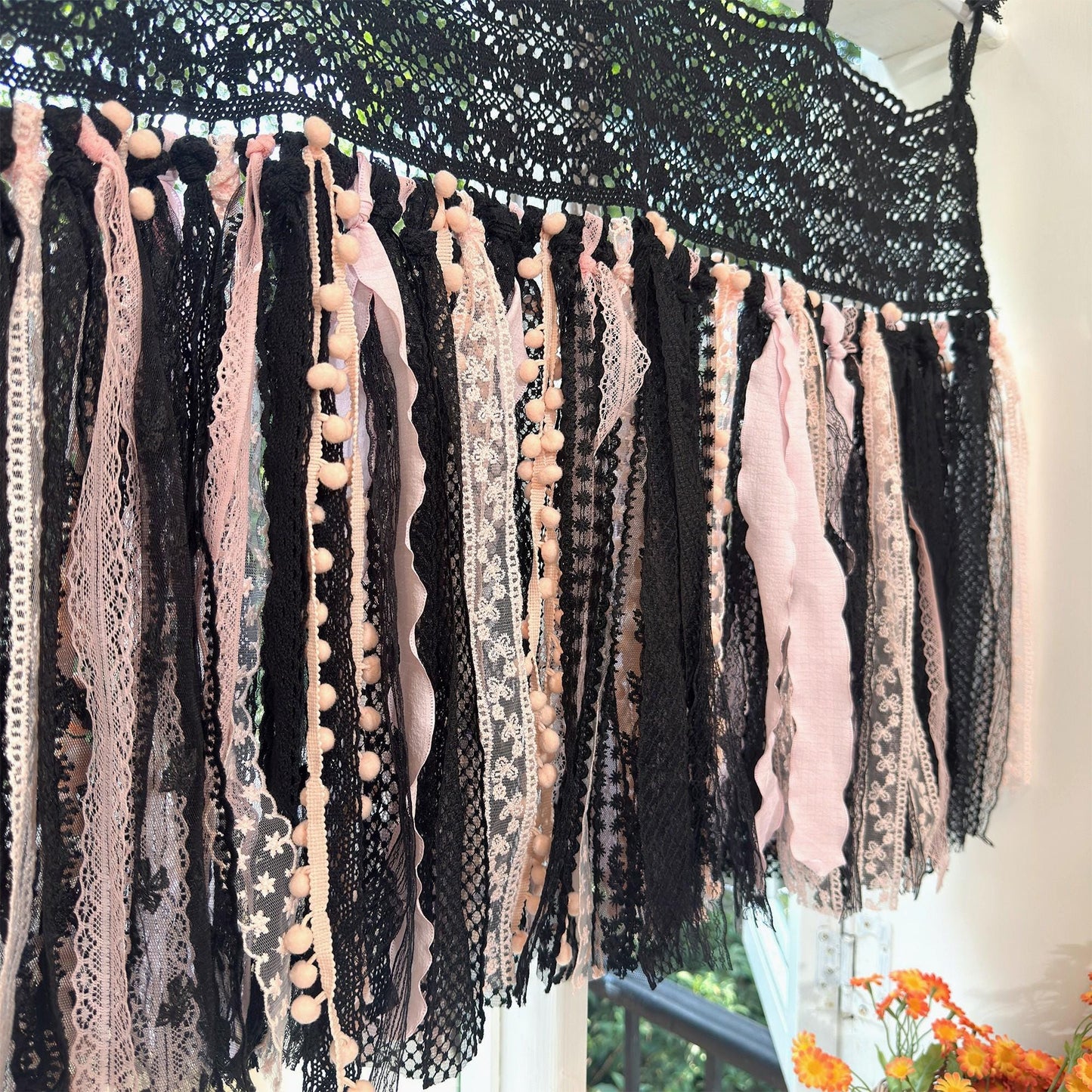 Black & Pink Gothic Boho Tie - Top Window Privacy Curtain - UDreamHome