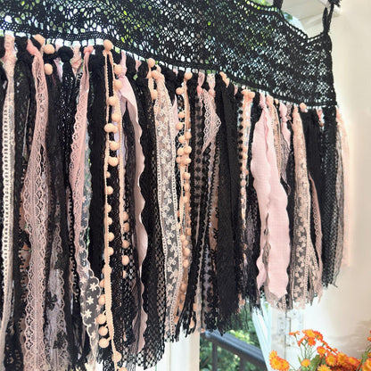 Black & Pink Gothic Boho Tie - Top Window Privacy Curtain - UDreamHome