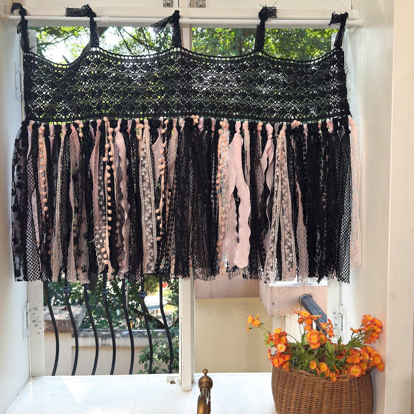 Black & Pink Gothic Boho Tie - Top Window Privacy Curtain - UDreamHome