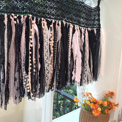 Black & Pink Gothic Boho Tie - Top Window Privacy Curtain - UDreamHome