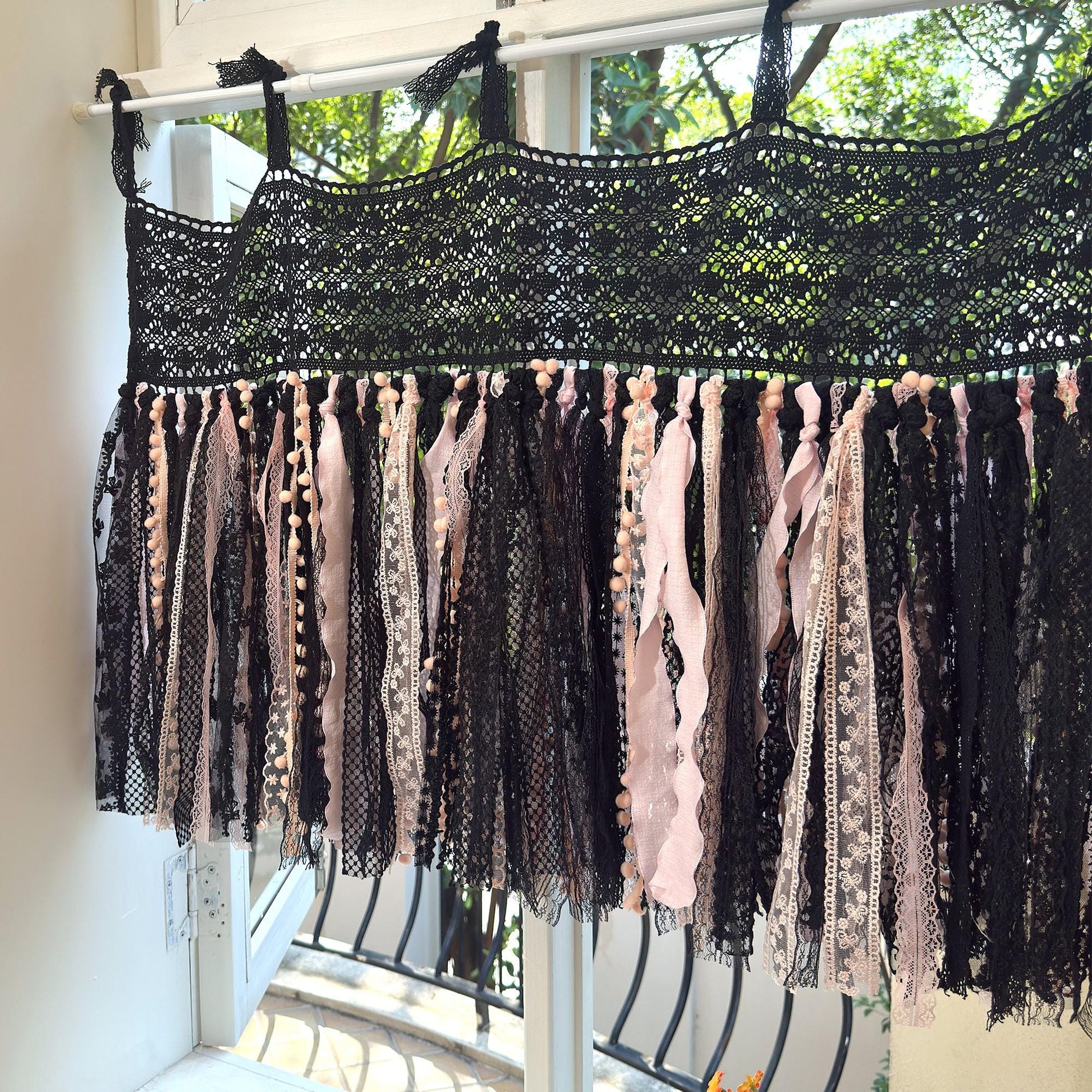 Black & Pink Gothic Boho Tie - Top Window Privacy Curtain - UDreamHome