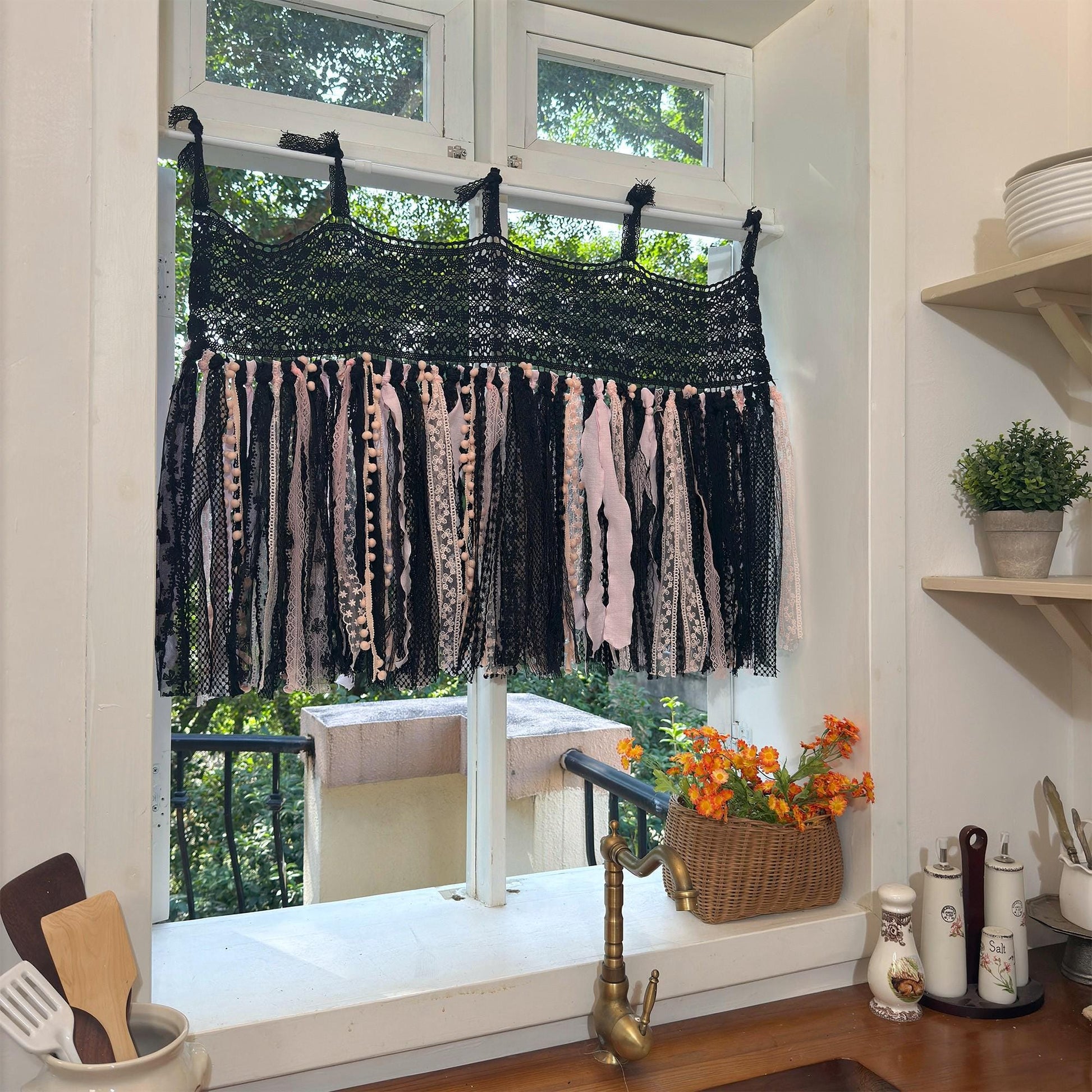 Black & Pink Gothic Boho Tie - Top Window Privacy Curtain - UDreamHome